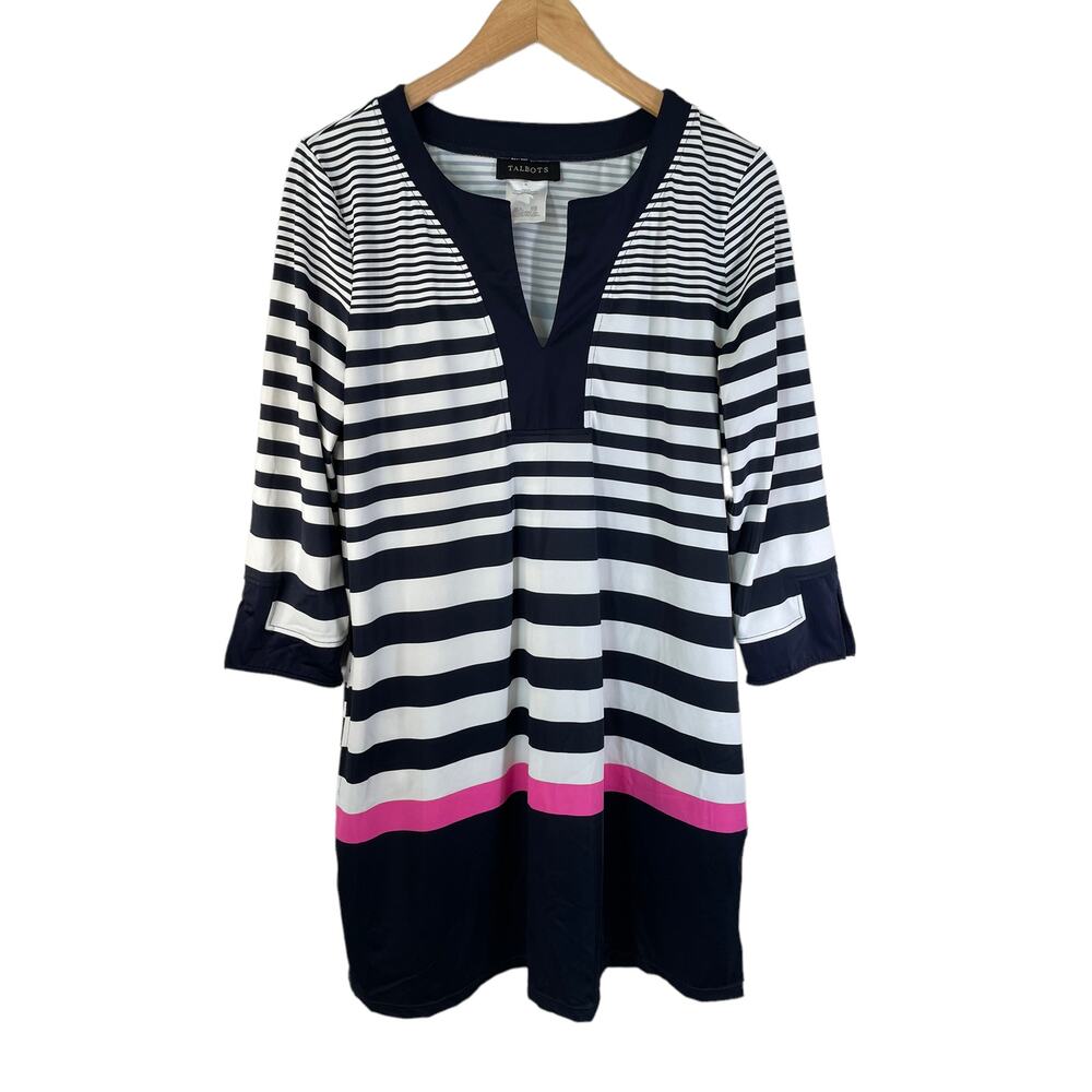 TALBOTS Women's Long Sleeve Striped Swim Tunic Mini Dress Coverup Blue Multi M